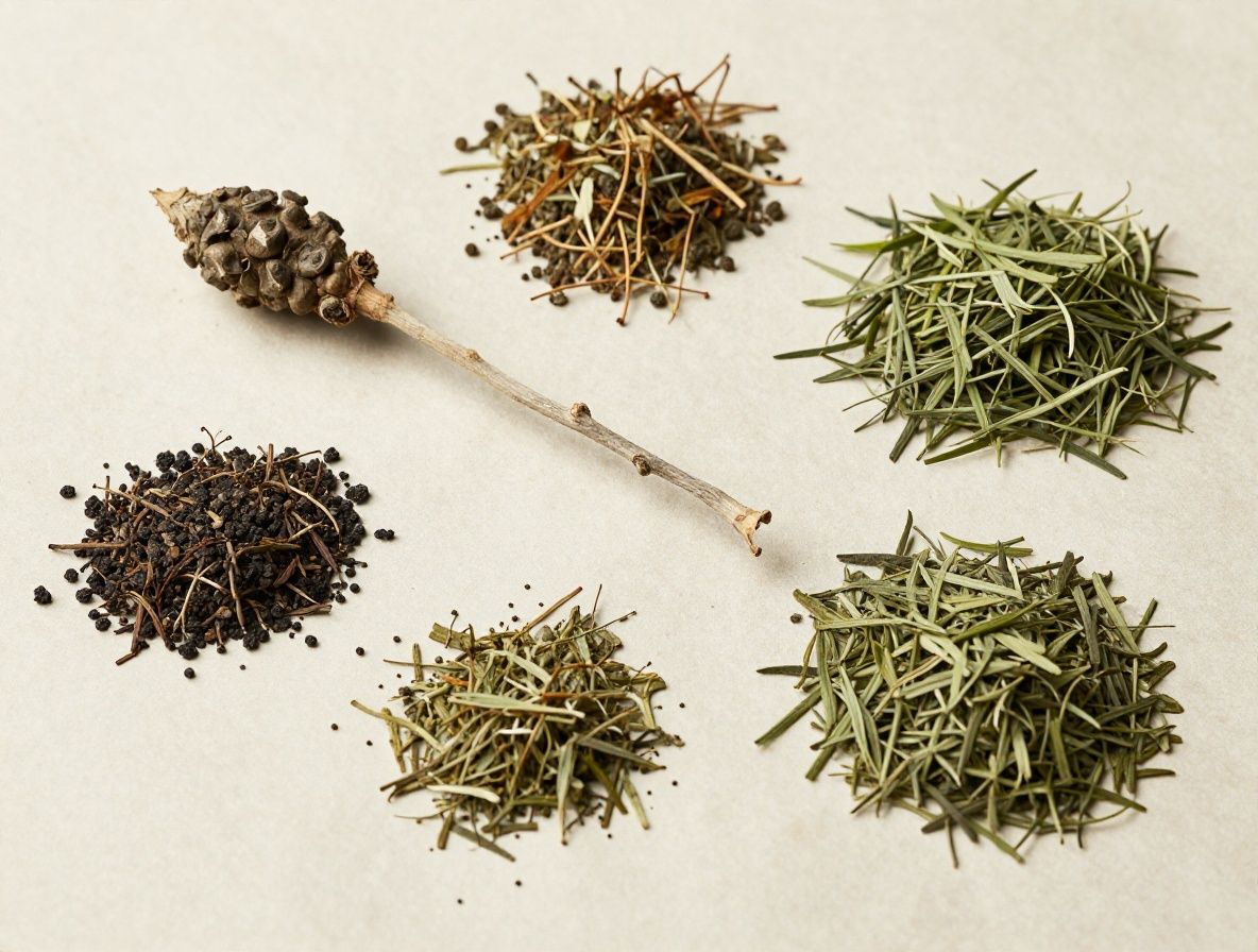 Botanische Flatlay-Aufnahme verschiedener getrockneter Kräuter und Pflanzenwurzeln auf altem Papier – Baldrian, Ashwagandha, grüner Tee, natürliches Studienlicht