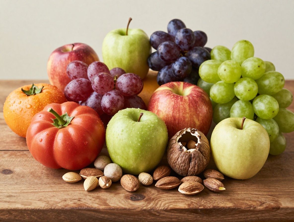 Künstlerische Draufsicht auf eine Vielfalt frischer Früchte, Gemüse und Nüsse auf einem Holztisch – farbenfrohes Stillleben natürlicher Nahrungsmittel ohne Branding