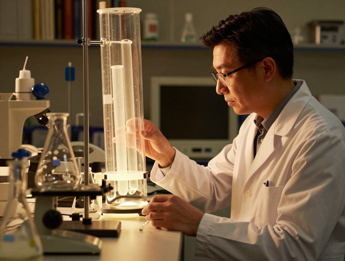 Warme, künstlerische Aufnahme eines naturwissenschaftlichen Labors mit Glaskolben und sanftem Licht – Bücher und Forschungsinstrumente im Hintergrund, stimmungsvolle Beleuchtung