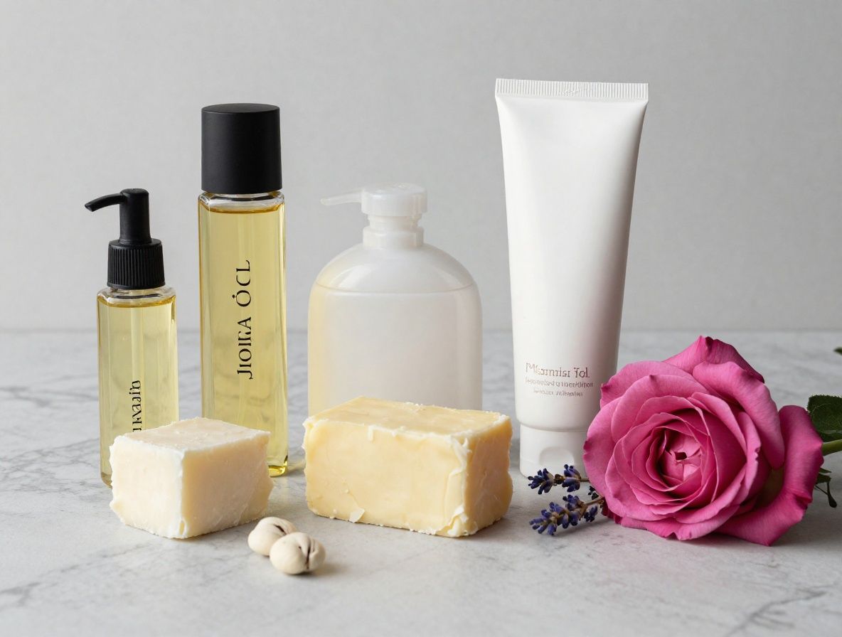 Elegante Stillleben-Aufnahme verschiedener natürlicher Kosmetikzutaten – Sheabutter, Jojoba-Öl, Rosenhagebutten und Lavendel auf weissem Marmor, natürliches Seitenlicht