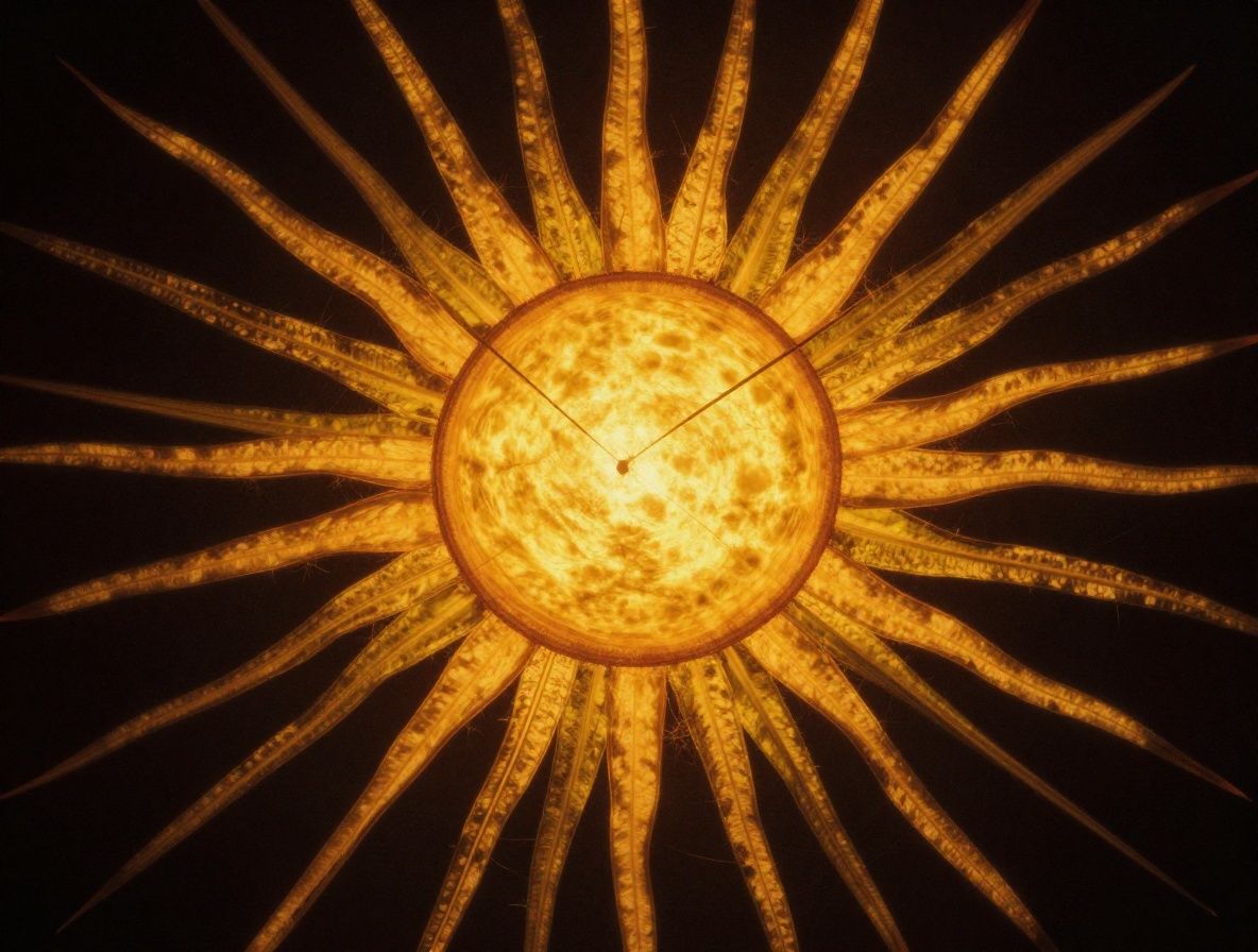 Abstrakte Detailaufnahme von Sonnenstrahlen, die durch ein grünes Blatt fallen – symbolisch für UV-Licht und natürlichen Schutz, moody warme Beleuchtung